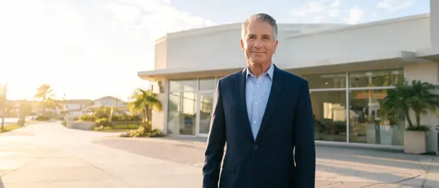 An owner standing proudly in front of the business they built.